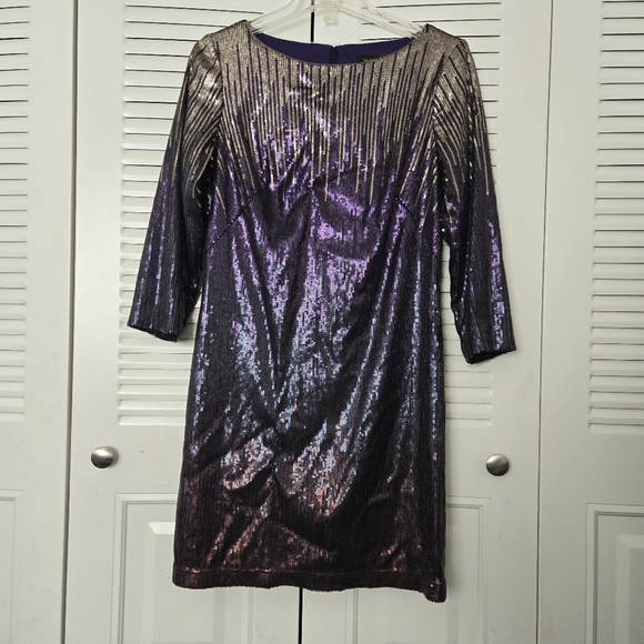 Tadashi Shoji Purple/Gold Sequin Mini Dress Size 8 - Picture 2 of 8